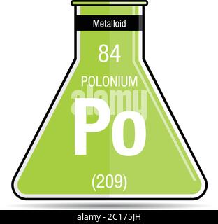 Polonium-Symbol auf dem chemischen Kolben. Elementnummer 84 des Periodensystems der Elemente - Chemie Stock Vektor