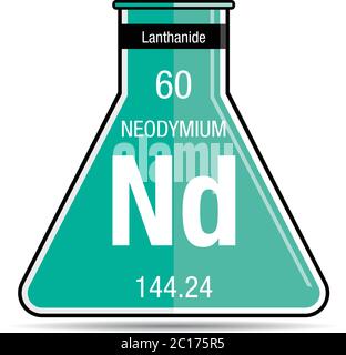 Neodym-Symbol auf dem chemischen Kolben. Elementnummer 60 des Periodensystems der Elemente - Chemie Stock Vektor
