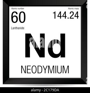 Neodym-Symbol. Elementnummer 60 des Periodensystems der Elemente - Chemie - Schwarzer quadratischer Rahmen mit weißem Hintergrund Stock Vektor