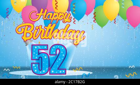 Happy Birthday 52 Grußkarte. Kerze in Form einer Zahl angezündet, die von zwei Reflektoren in einem Raum mit Ballons, die mit Streamern schweben, angezündet wird Stock Vektor