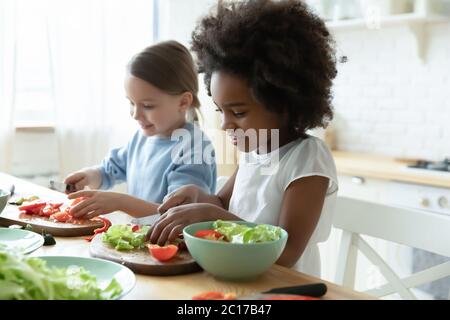 Multirassische kleine Mädchen besten Freunde Kochen zusammen in der Küche Stockfoto