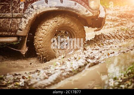 Schmutzige Geländewagen-Reifen in Schlamm Nahaufnahme bewegen Stockfoto