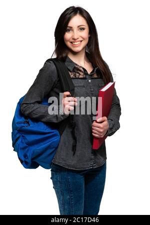 Junge Studentin Mädchen mit rotem Buch isoliert auf weiß Stockfoto