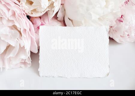 Feminine Hochzeit, Geburtstag Mockup Szene. Nahaufnahme von leerem Baumwollpapier Karte, Einladung auf rosa Blumenblätter und Tisch. Pfingstrosen, Blüten Stockfoto