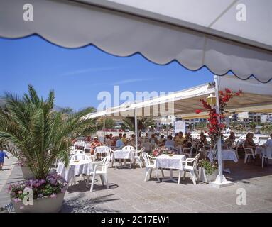 Hafenrestaurant, Puerto Pollensa (Port de Pollenca), Gemeinde Pollenca, Mallorca (Mallorca), Balearen, Spanien Stockfoto