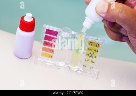 Set mit Ph Chlor und Brom testen. Close-up auf dem Test Zone für Chlor und Brom Stockfoto