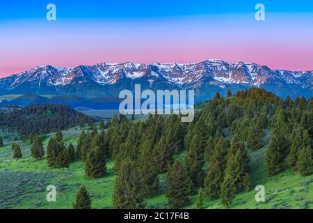 Licht vor der Morgendämmerung über den hundertjährigen Bergen in der Nähe von Lakeview, montana Stockfoto