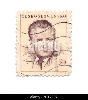 Briefmarke Klement Gottwald, Tschechoslowakei 1948. Kommunistischer Premierminister, Präsident, Politiker. Wert: 1,50 Kronen Stockfoto