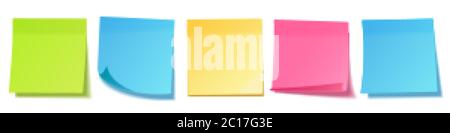 Realistische leere Haftnotizen auf weißem Hintergrund isoliert. Bunte Blätter von Notizpapieren. Papiererinnerung. Vektorgrafik. Stock Vektor