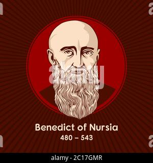 Benedikt von Nursia (480-543) ist ein christlicher heiliger, der in der katholischen Kirche, der östlichen orthodoxen Kirche, verehrt wird. Benedikts wichtigste Leistung, seine "RUL Stock Vektor