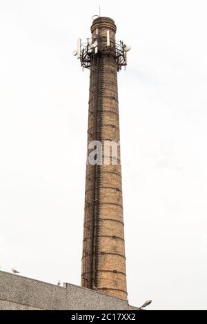 Alte Fabrik Schornstein mit Antennen Stockfoto