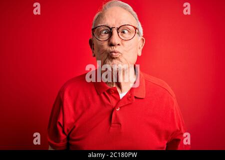 Grauhaarige ältere Mann trägt Brille und lässiges T-Shirt auf rotem Hintergrund macht Fisch Gesicht mit Lippen, verrückt und komisch Geste. Witziger Ausdruck. Stockfoto