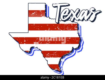 Amerikanische Flagge in Texas State map. Vektor Grunge Stil mit Typografie handgezeichnete Schriftzug Texas auf Karte geformt alten Grunge Vintage amerikanischen National fl Stock Vektor