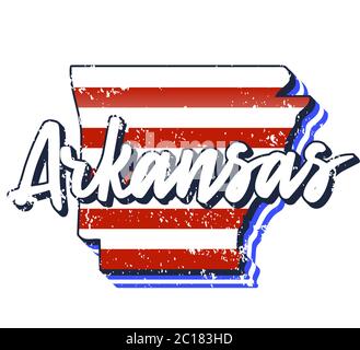 Amerikanische Flagge in arkansas State map. Vektor Grunge Stil mit Typografie Handgezeichnete Schriftzug arkansas auf Karte geformt alten Grunge Vintage amerikanischen natio Stock Vektor