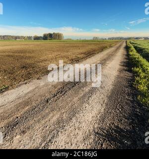 Schweizer Dorf von gepflügten Feldern umgeben. Stockfoto