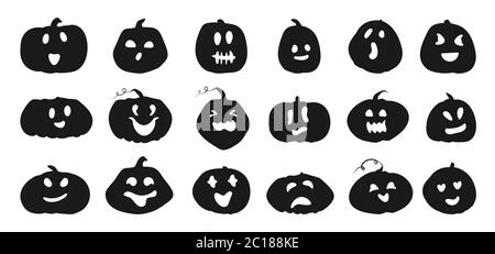 Set von Halloween Kürbisse Silhouette mit geschnitzten niedlichen Gesichtern. Schwarze Symbole Squash verschiedene Formen und Emotionen. Vorlage für Kürbis Lächeln schneiden für Design Hauptfeiertag im oktober. Vektorgrafik Stock Vektor