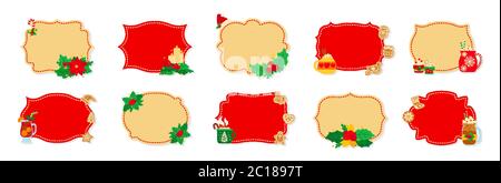 Set aus Weihnachtsetikett und Anhänger. Cartoon Holiday Kollektion rot und beige weihnachts-Aufnäher Etiketten. Weihnachtsanhänger geschmückt Stechpalme Mistel, Süßigkeiten und Kekse. Kollektion für Neujahr. Vektorgrafik Stock Vektor