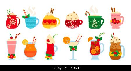 Weihnachts-Set mit heißen Getränken. Flat Cartoon verschiedene Getränke. Urlaub niedlichen Tassen heißen Kakao, Kaffee, Milch, Sahne und Glühwein. Neujahr Getränke dekoriert Holly und Süßigkeiten. Isolierte Vektordarstellung Stock Vektor