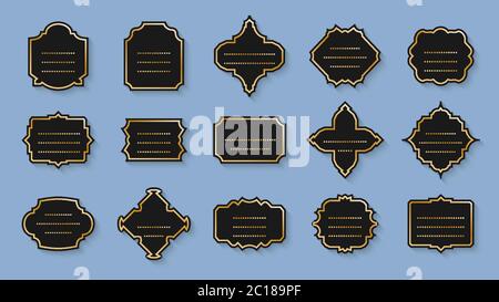 Schwarze Etiketten Retro Gold Rahmen Vintage Set. Verschiedene Form leer Rand Tag Menü Verkaufspreis. Paketvorlage für Textbanner mit Punkt und Schatten. Elegance Aufkleber isoliert auf blauer Vektor-Illustration Stock Vektor