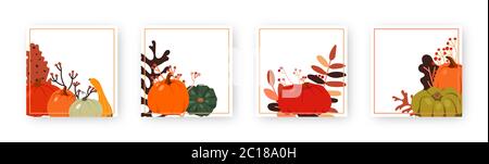 Set von Herbst Kürbis Vorlage quadratischen Rahmen. Dekorative Muster mit Raum Textfeld. Verschiedene Hintergrund mit farbigen Cartoon orange Kürbis. Thanksgiving und Halloween Element. Vektorgrafik Stock Vektor