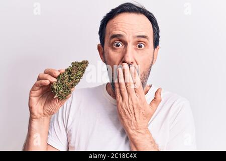 Mittelalter schöner Mann hält Cannabis Gras stehen über isolierten weißen Hintergrund bedeckt Mund mit Hand, schockiert und Angst vor Fehler. Surpri Stockfoto