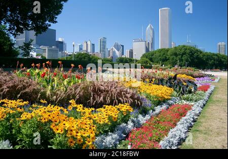 Skyline von Chicago vom Grant Park aus, Chicago, Illinois, USA Stockfoto