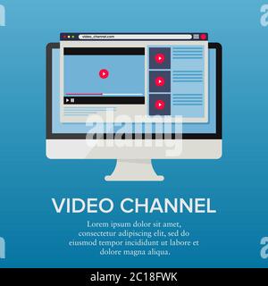 Flache Vektordarstellung eines Computerbildschirms mit einer Video-Browser-Seite. Geeignet für die Förderung der neuesten Video-Kanäle Stock Vektor
