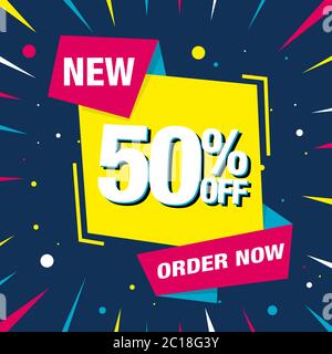 Abstract eingängiges Hintergrunddesign eines Werbebanners. Entwerfen Sie ein Banner-Layout mit 50 % Rabatt, mit hellen Farben und abstrakten Bändchenformen Stock Vektor