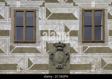 Fassadendetail, Schloss Bischofseinitz – Horšovsk ý T ý n, Tschechien Stockfoto