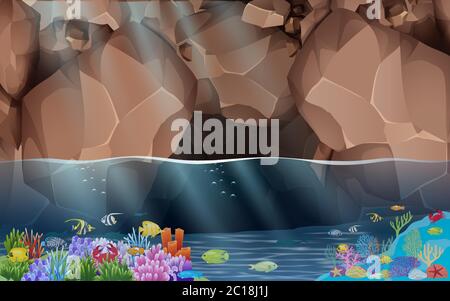 Landschaft von bunten Korallen und Fischen an der Höhle im Meer Stock Vektor