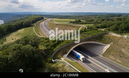 Longkamp, Deutschland. Juni 2020. Eine grüne Brücke überquert die Bundesstraße B50 (Foto aufgenommen mit einer Drohne). In Rheinland-Pfalz gibt es bereits 15 grüne Brücken, zwei Landschaftstunnel und neun Unterführungen für Wildtiere, um Lebensräume zu vernetzen. (To dpa 'sicher über die Straße: Immer mehr grüne Brücken für wilde Tiere') Quelle: Thomas Frey/dpa/Alamy Live News Stockfoto