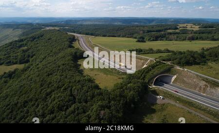 Longkamp, Deutschland. Juni 2020. Eine grüne Brücke überquert die Bundesstraße B50 (Foto aufgenommen mit einer Drohne). In Rheinland-Pfalz gibt es bereits 15 grüne Brücken, zwei Landschaftstunnel und neun Unterführungen für Wildtiere, um Lebensräume zu vernetzen. (To dpa 'sicher über die Straße: Immer mehr grüne Brücken für wilde Tiere') Quelle: Thomas Frey/dpa/Alamy Live News Stockfoto