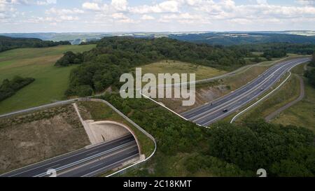 Longkamp, Deutschland. Juni 2020. Eine grüne Brücke überquert die Bundesstraße B50 (Foto aufgenommen mit einer Drohne). In Rheinland-Pfalz gibt es bereits 15 grüne Brücken, zwei Landschaftstunnel und neun Unterführungen für Wildtiere, um Lebensräume zu vernetzen. (To dpa 'sicher über die Straße: Immer mehr grüne Brücken für wilde Tiere') Quelle: Thomas Frey/dpa/Alamy Live News Stockfoto