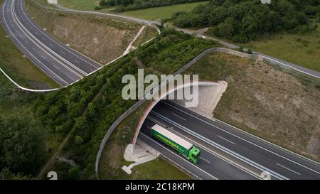 Longkamp, Deutschland. Juni 2020. Eine grüne Brücke überquert die Bundesstraße B50 (Foto aufgenommen mit einer Drohne). In Rheinland-Pfalz gibt es bereits 15 grüne Brücken, zwei Landschaftstunnel und neun Unterführungen für Wildtiere, um Lebensräume zu vernetzen. (To dpa 'sicher über die Straße: Immer mehr grüne Brücken für wilde Tiere') Quelle: Thomas Frey/dpa/Alamy Live News Stockfoto