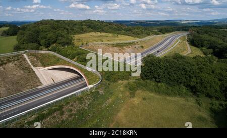 Longkamp, Deutschland. Juni 2020. Eine grüne Brücke überquert die Bundesstraße B50 (Foto aufgenommen mit einer Drohne). In Rheinland-Pfalz gibt es bereits 15 grüne Brücken, zwei Landschaftstunnel und neun Unterführungen für Wildtiere, um Lebensräume zu vernetzen. (To dpa 'sicher über die Straße: Immer mehr grüne Brücken für wilde Tiere') Quelle: Thomas Frey/dpa/Alamy Live News Stockfoto