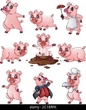 Happy Schwein Cartoon Kollektion Set Stock Vektor