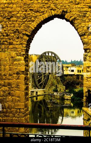 Bewässerung Wasser-Rad Norias in Hama am Orontes Fluss Syrien Stockfoto