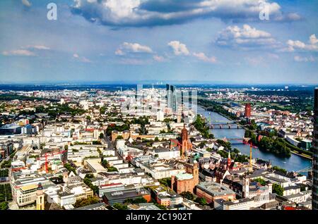 Panorama-Luftbild von Frankfurt am Main Stadt und Main, Hessen, Deutschland Stockfoto