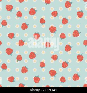 Rote Erdbeeren auf blauem nahtlosem Vektor-Muster Stock Vektor