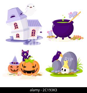 Set von Halloween-Comic-Figuren. Mäuse und Hexenkessel, Geist im Spukhaus, Rabe und Schädel am Grab, schwarze Katze auf Kürbissen. Sammlung Stock Vektor