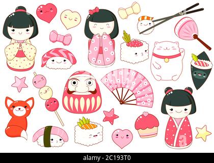 Set von niedlichen Icons im Kawaii-Stil. Japanische traditionelle Spielzeug kokeshi Puppe in Kimono, maneki neko Katze, Daruma-Puppe, Fan, inari Fuchs, Herz, Bogen, Cupcake, Stock Vektor