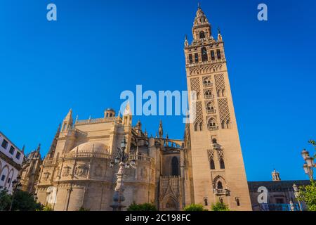 Giralda ist der Name, der dem Glockenturm der Kathedrale Santa Maria de la Sede der Stadt Sevilla in Andalusien, Spanien, gegeben wird. Stockfoto