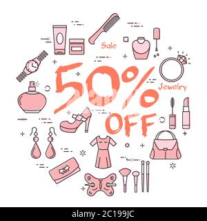Weißes Banner von Frauen Accessoires mit rotem Text 50 Prozent Rabatt Stock Vektor
