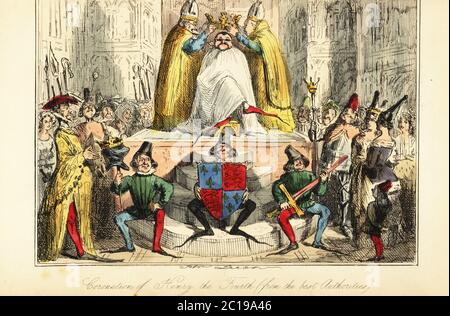 Die Krönung von König Heinrich IV. Von England mit einer riesigen Krone, 1399. Der König in Sonnenbrillen und Cracows wird von Bischöfen in Westminster Abbey gekrönt, während Seiten sein Wappen, Helm und Schwert halten. Krönung von König Heinrich IV. (Von den besten Autoritäten). Handkolorierter Stahlstich nach einer Illustration von John Leech aus Gilbert Abbott A’Becketts Comic History of England, Bradbury, Agnew & Co., London, 1880. Stockfoto