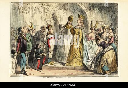 König Heinrich VI. Von England heiratete Margarete von Anjou in der Titchfield Abbey, 23. April 1445. Der verrückte König war 24 und die Königin 15. Die Zeremonie wird von einem Bischof, und besucht von Mädchen in hennin, Höflinge, Falkner, Narr, Seite mit Dolch. Heirat Heinrich VI. Mit Margarete von Anjou. Handkolorierter Stahlstich nach einer Illustration von John Leech aus Gilbert Abbott A’Becketts Comic History of England, Bradbury, Agnew & Co., London, 1880. Stockfoto