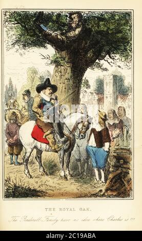 König Charles II versteckt eine Eiche in Boscobel Wood, nach der Schlacht von Worcester, 1651. Parlamentarier oder Roundhead-Soldat verhören eine lokale Royalist Familie. Die Royal Oak. Die Familie Penderell hat keine Ahnung, wo Charles ist! Handkolorierter Stahlstich nach einer Illustration von John Leech aus Gilbert Abbott A’Becketts Comic History of England, Bradbury, Agnew & Co., London, 1880. Stockfoto