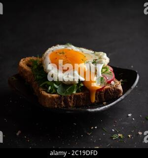 Sandwich mit Spiegelei, Spinatsch und Dill Stockfoto