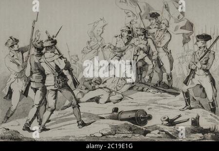 Guerra de la Independencia de los Estados Unidos. Invasión de Canadá, 1775. Invasión del Ejército Continental para obtener el control militar de la Provincia británica de Quebec. Muerte del General Richard Montgomery en el ataque a Quebec, en el que fueron derrotados los revolucionarios norteamericanos. Grabado por Lemaitre, Vernier y Branche. Panorama Universal. Historia de los Estados Unidos de América, por Roux de Rochelle. Edición española impressa en Barcelona,1850. Stockfoto