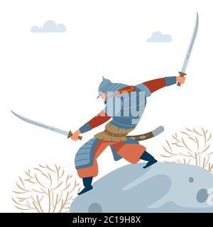 Zentralasiatischer Krieger. Nomad Krieger mit zwei Schwertern auf Stein, Angriffe im Kampf. Mittelalterliche Schlacht Illustration. Historische Illustration. Isoliert Stock Vektor