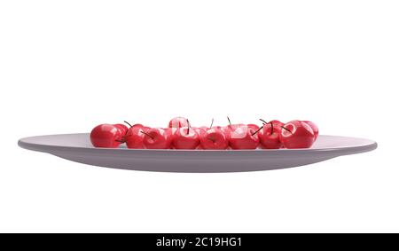 Frische reife Kirschen auf einem Teller isoliert auf weißem Hintergrund, 3d-Illustration Stockfoto
